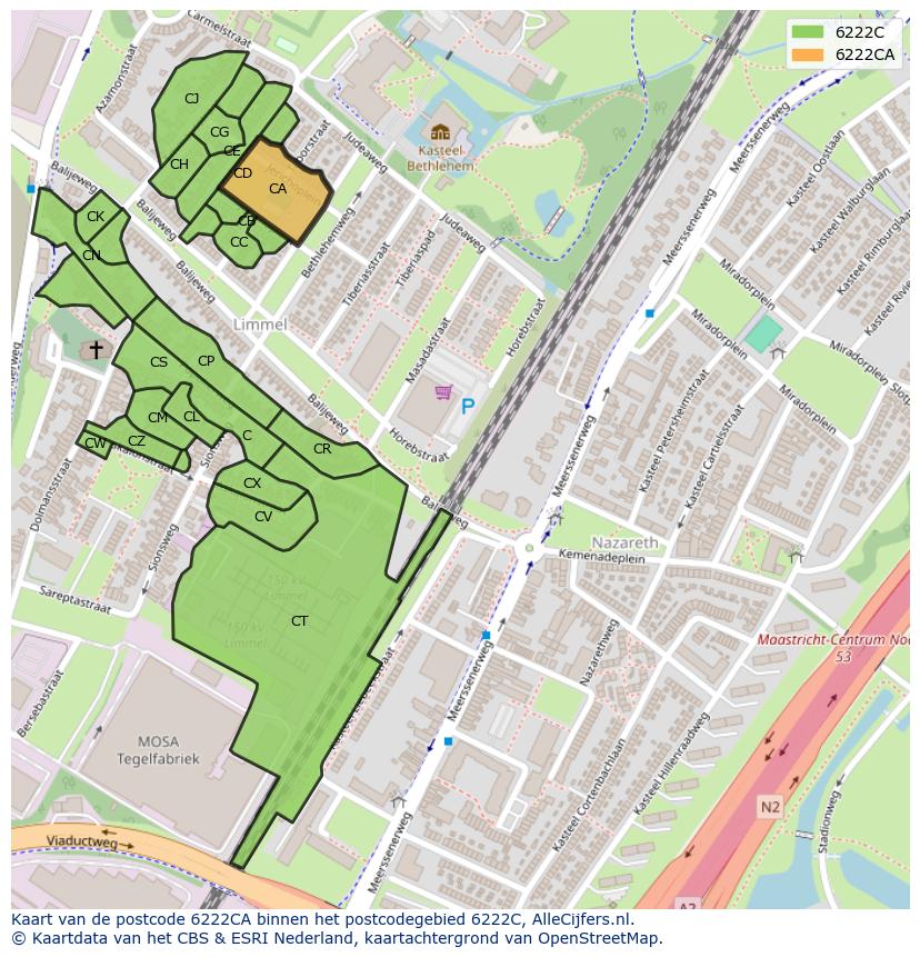 Afbeelding van het postcodegebied 6222 CA op de kaart.