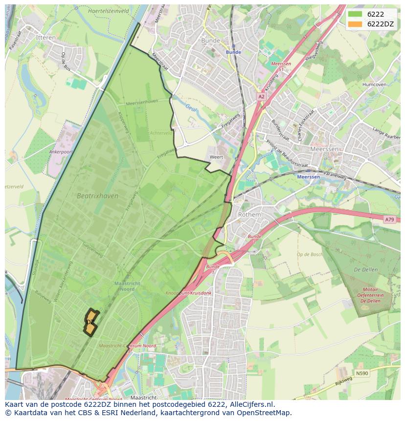 Afbeelding van het postcodegebied 6222 DZ op de kaart.