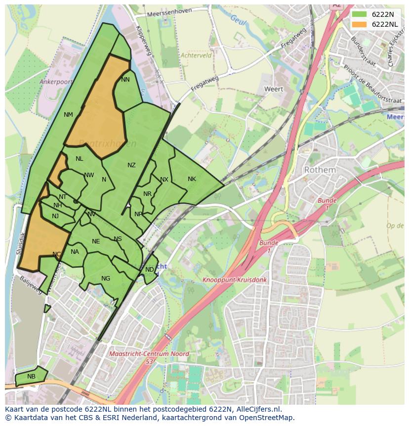 Afbeelding van het postcodegebied 6222 NL op de kaart.