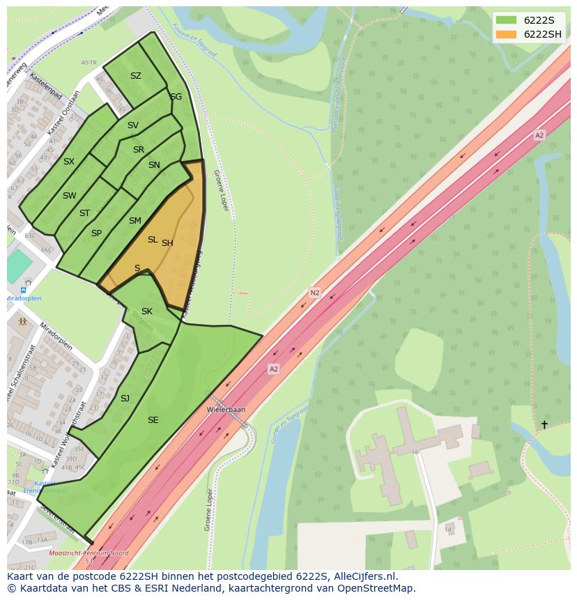 Afbeelding van het postcodegebied 6222 SH op de kaart.