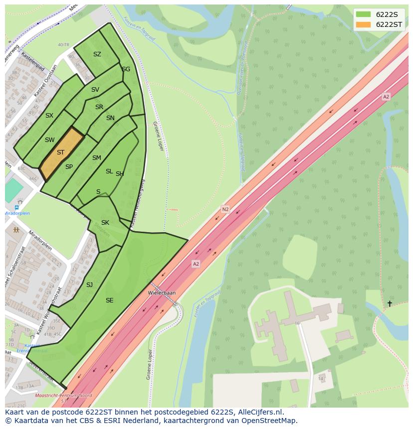 Afbeelding van het postcodegebied 6222 ST op de kaart.