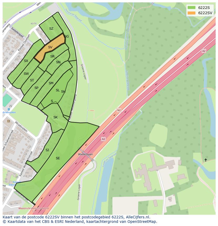 Afbeelding van het postcodegebied 6222 SV op de kaart.