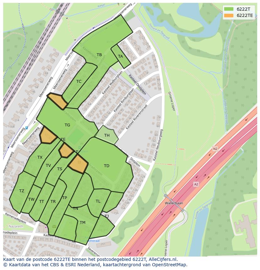 Afbeelding van het postcodegebied 6222 TE op de kaart.