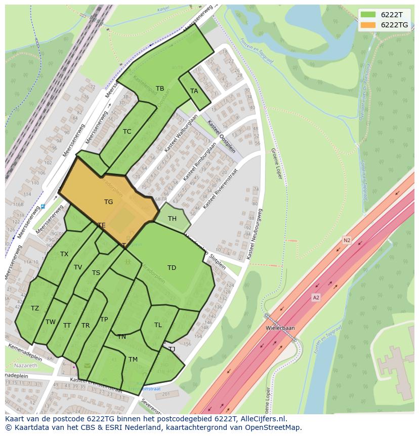 Afbeelding van het postcodegebied 6222 TG op de kaart.