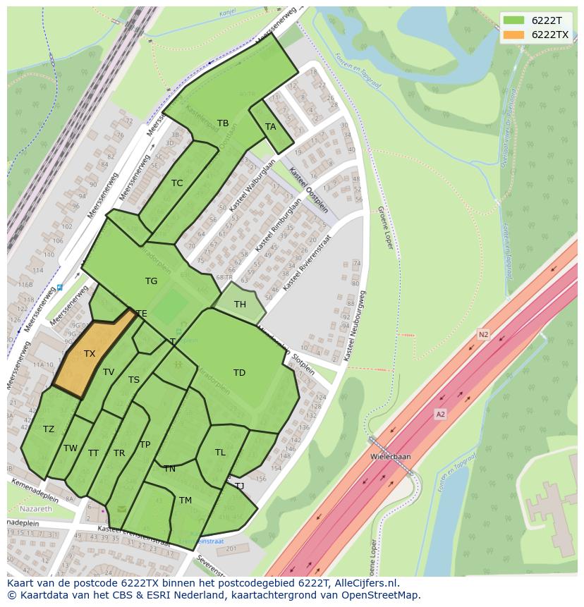 Afbeelding van het postcodegebied 6222 TX op de kaart.