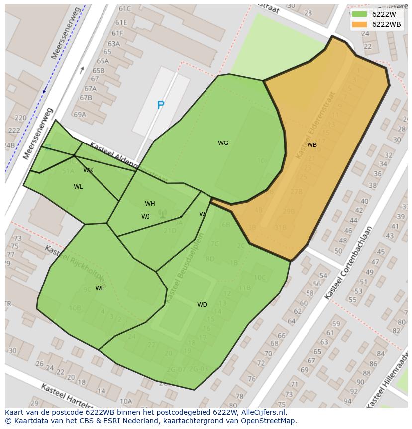 Afbeelding van het postcodegebied 6222 WB op de kaart.