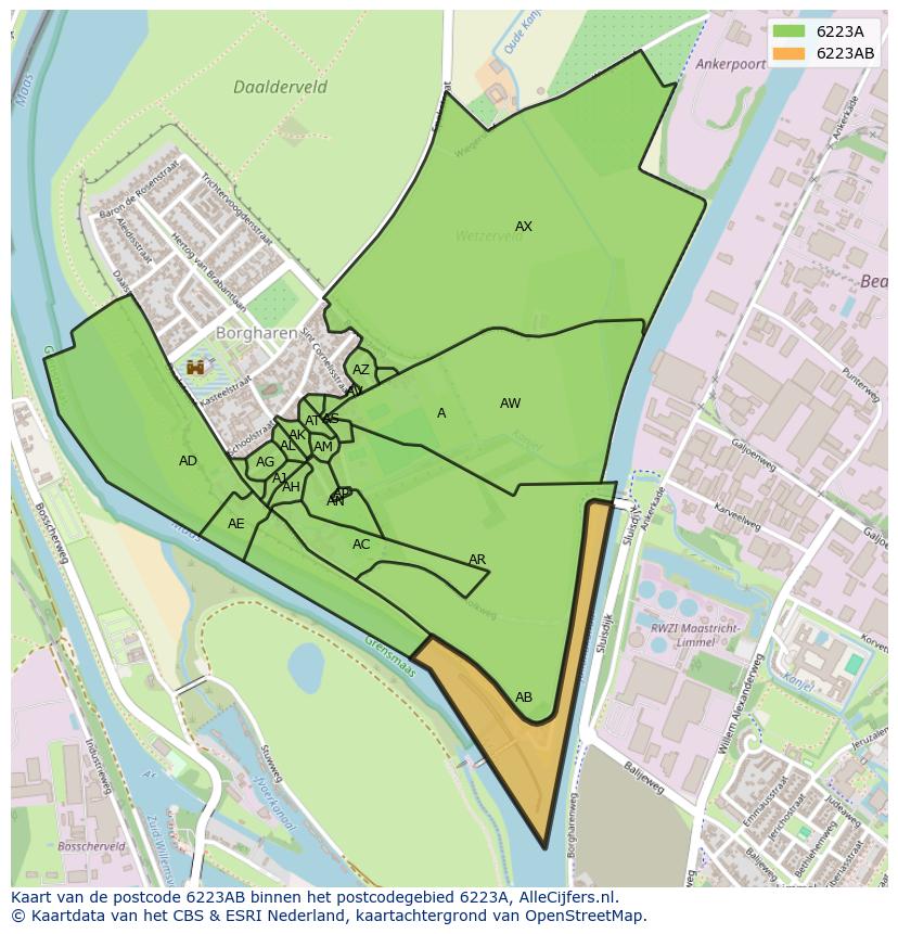 Afbeelding van het postcodegebied 6223 AB op de kaart.