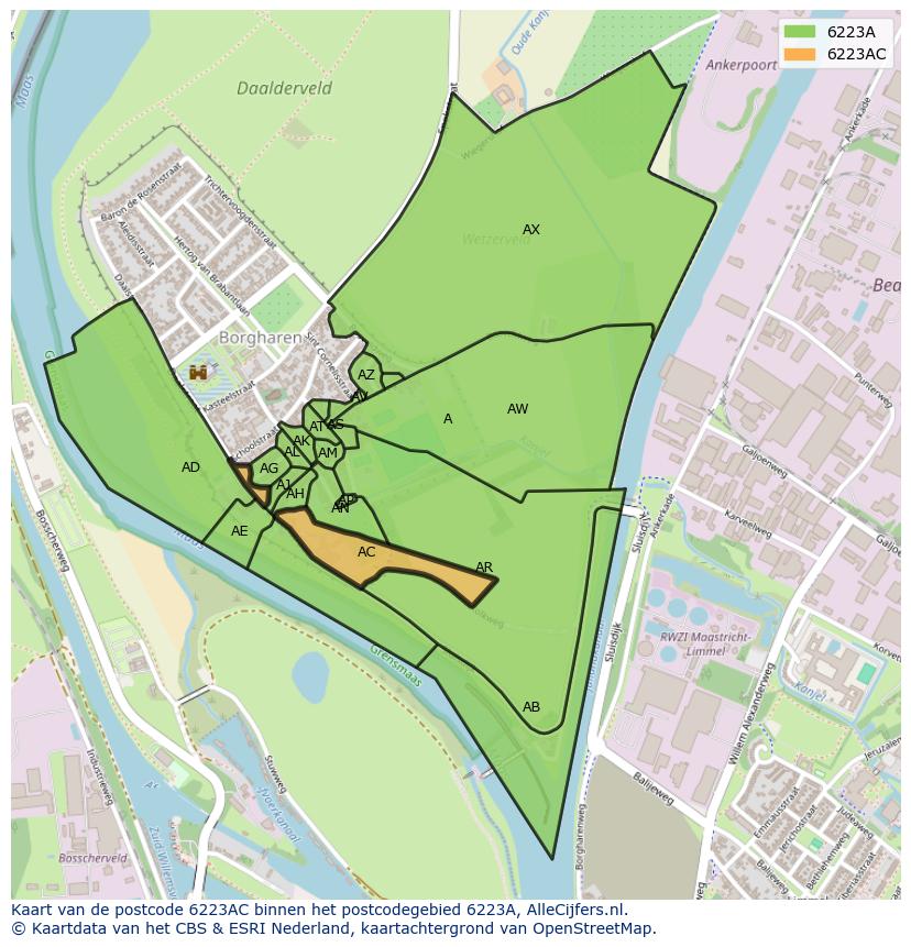 Afbeelding van het postcodegebied 6223 AC op de kaart.