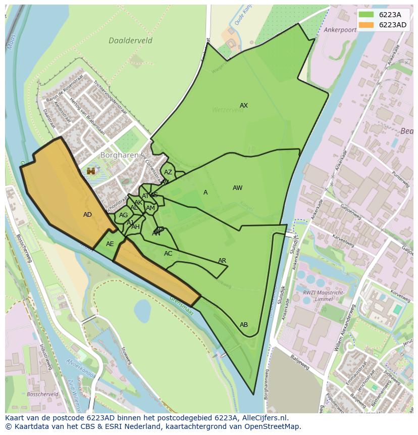 Afbeelding van het postcodegebied 6223 AD op de kaart.