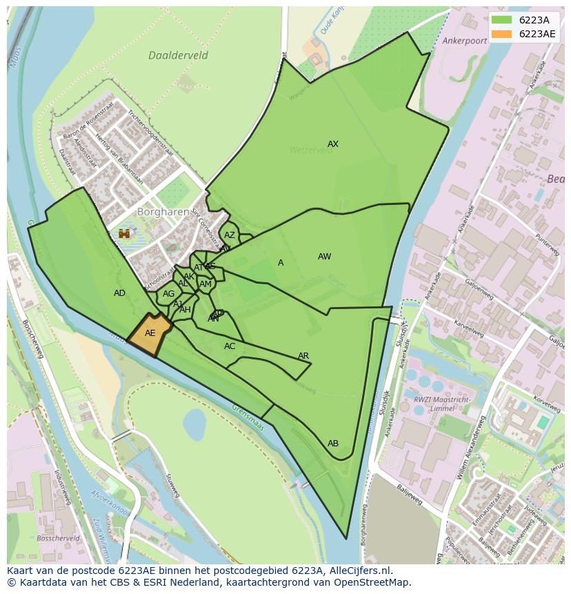 Afbeelding van het postcodegebied 6223 AE op de kaart.