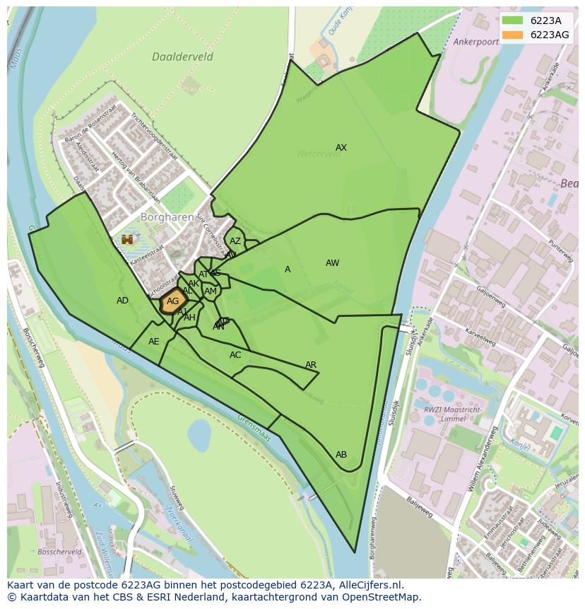 Afbeelding van het postcodegebied 6223 AG op de kaart.
