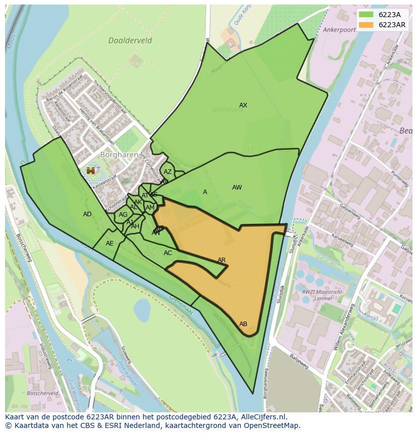 Afbeelding van het postcodegebied 6223 AR op de kaart.