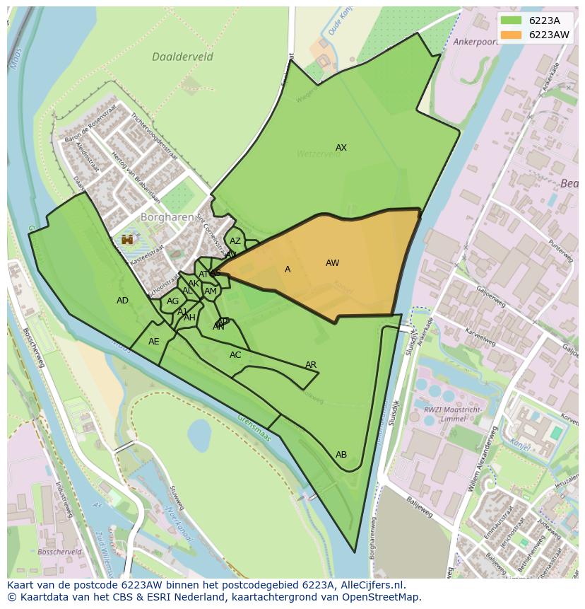 Afbeelding van het postcodegebied 6223 AW op de kaart.