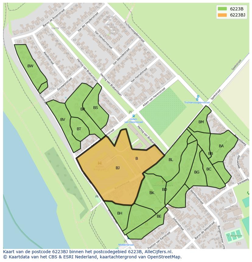 Afbeelding van het postcodegebied 6223 BJ op de kaart.