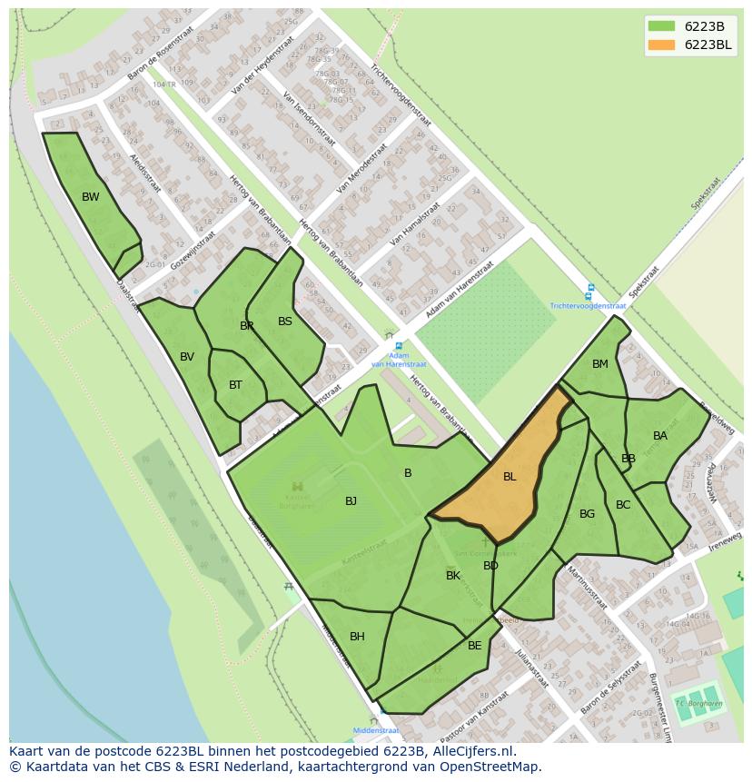 Afbeelding van het postcodegebied 6223 BL op de kaart.