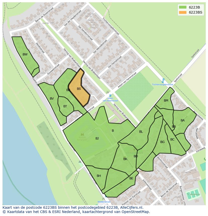Afbeelding van het postcodegebied 6223 BS op de kaart.