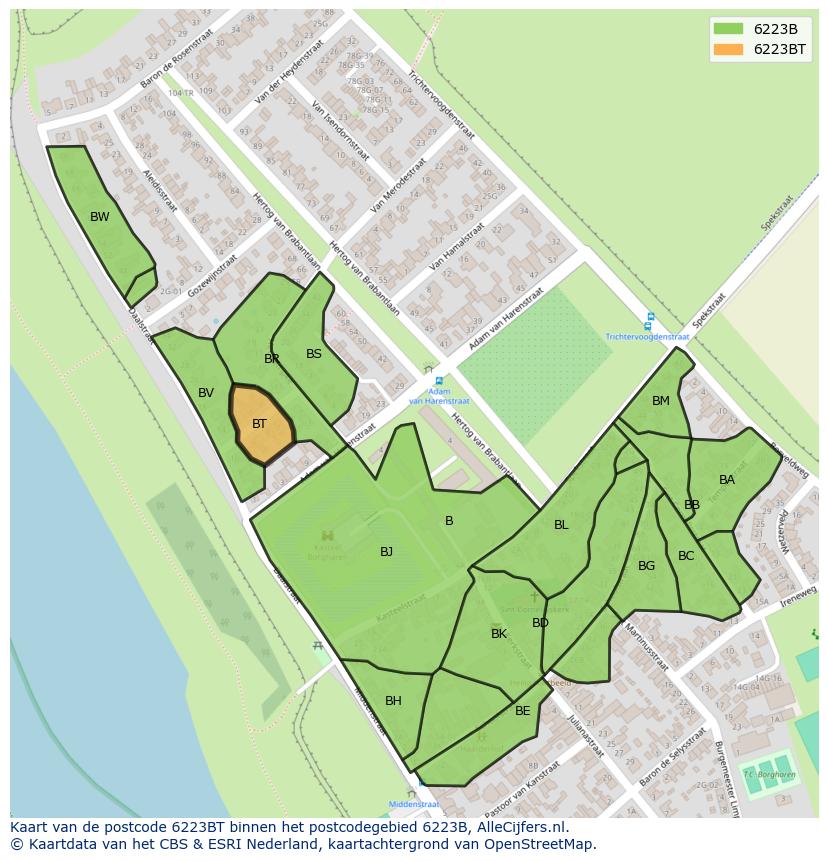 Afbeelding van het postcodegebied 6223 BT op de kaart.