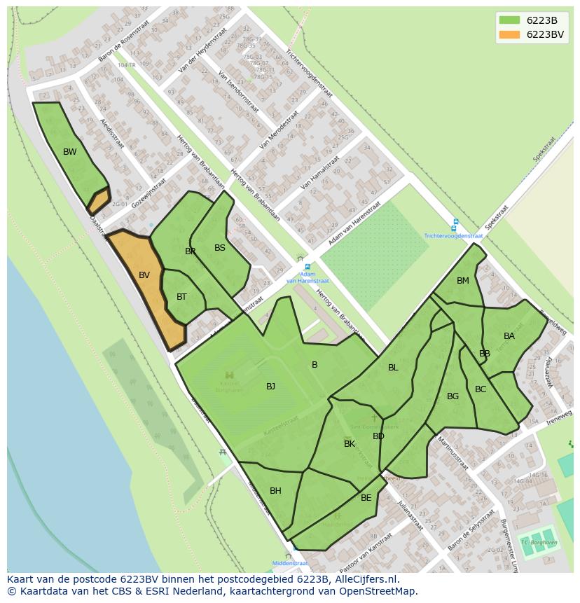Afbeelding van het postcodegebied 6223 BV op de kaart.