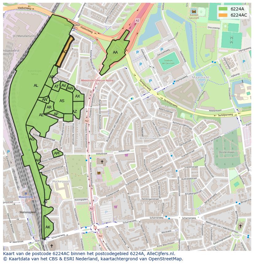 Afbeelding van het postcodegebied 6224 AC op de kaart.