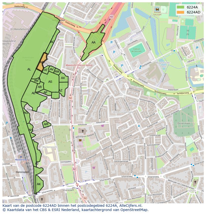 Afbeelding van het postcodegebied 6224 AD op de kaart.