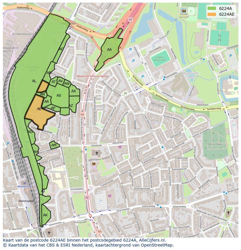 Afbeelding van het postcodegebied 6224 AE op de kaart.