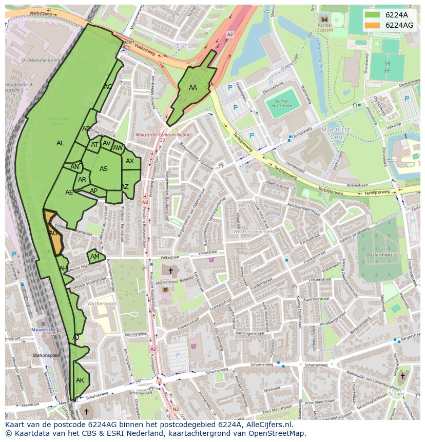 Afbeelding van het postcodegebied 6224 AG op de kaart.