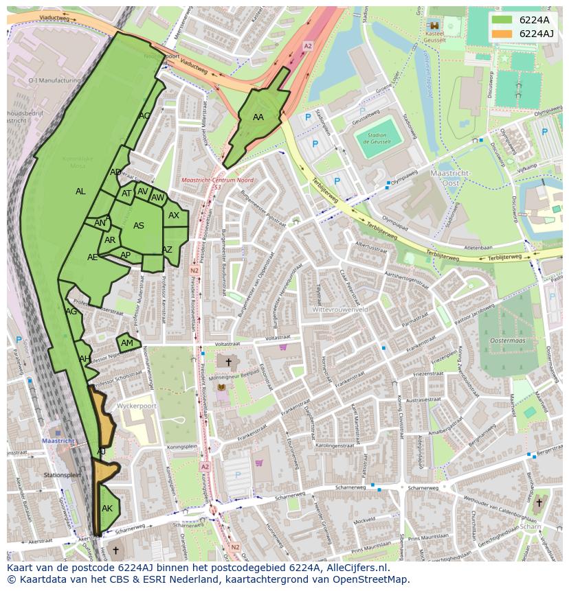 Afbeelding van het postcodegebied 6224 AJ op de kaart.