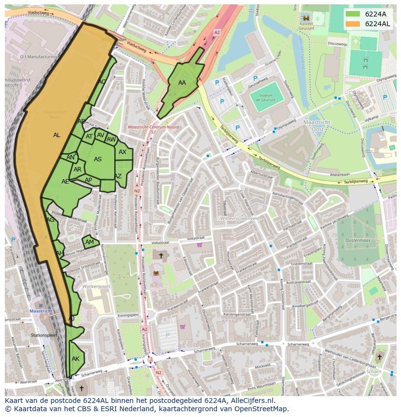 Afbeelding van het postcodegebied 6224 AL op de kaart.