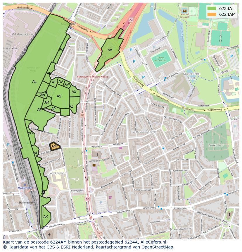 Afbeelding van het postcodegebied 6224 AM op de kaart.
