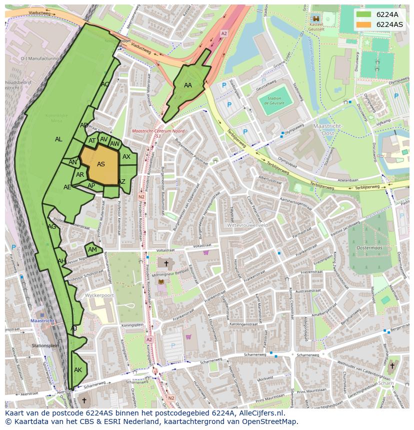 Afbeelding van het postcodegebied 6224 AS op de kaart.