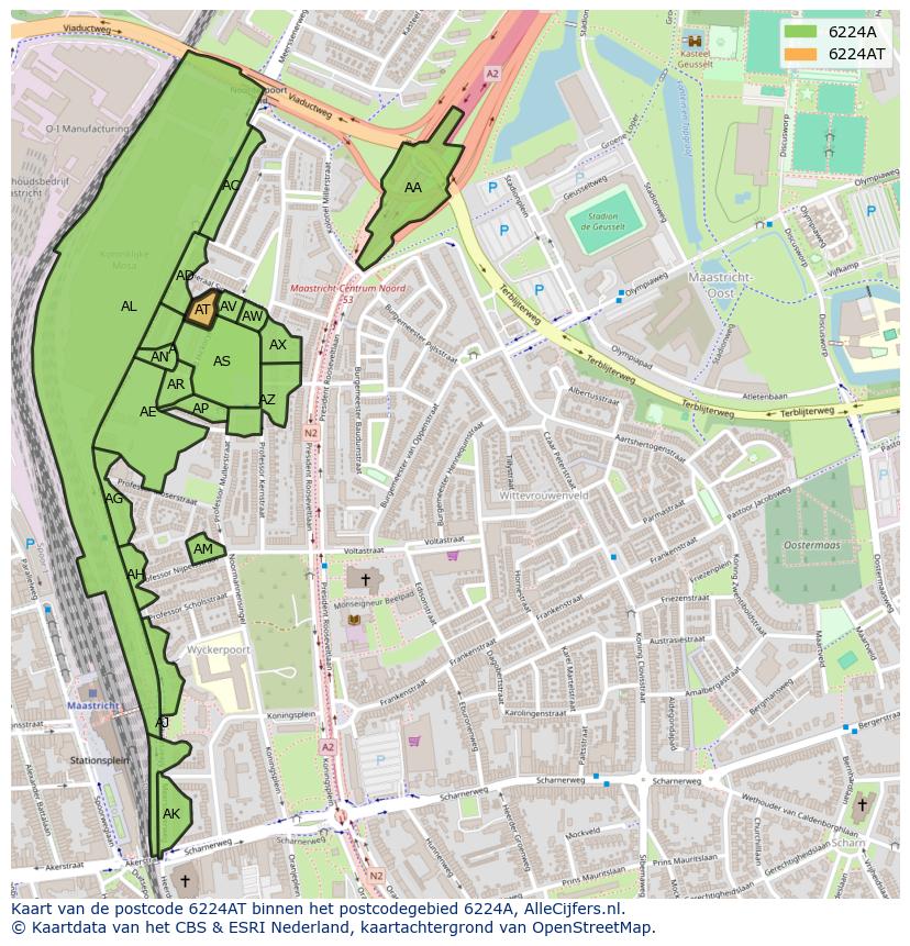Afbeelding van het postcodegebied 6224 AT op de kaart.