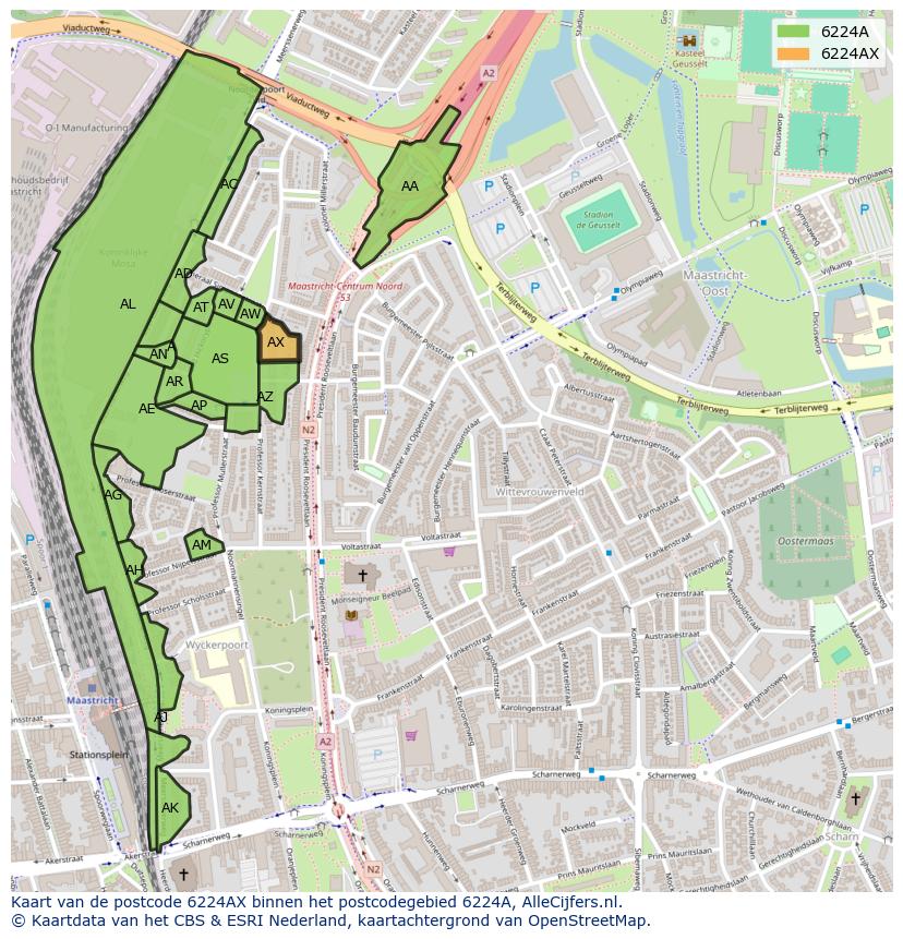 Afbeelding van het postcodegebied 6224 AX op de kaart.