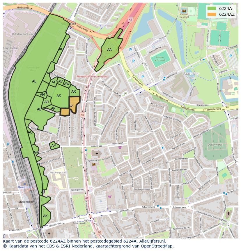 Afbeelding van het postcodegebied 6224 AZ op de kaart.