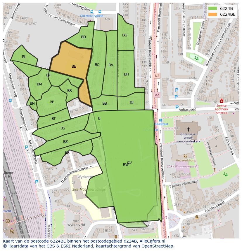 Afbeelding van het postcodegebied 6224 BE op de kaart.