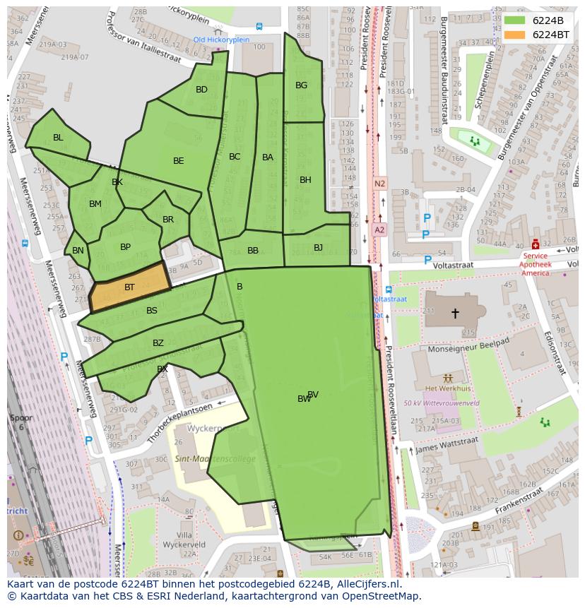 Afbeelding van het postcodegebied 6224 BT op de kaart.