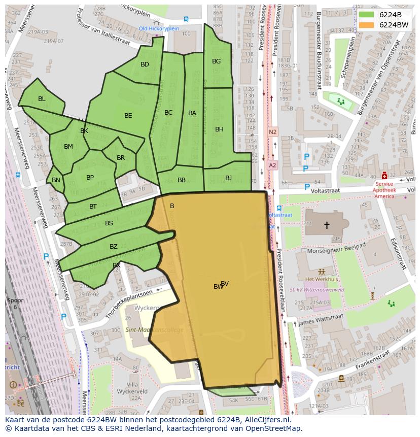 Afbeelding van het postcodegebied 6224 BW op de kaart.