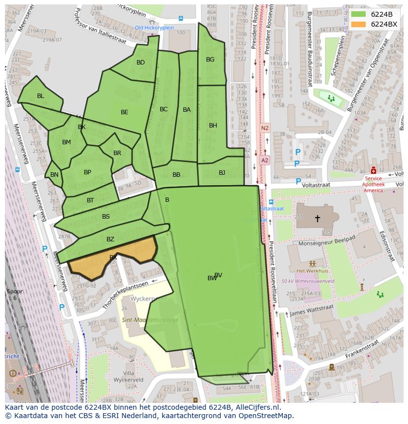 Afbeelding van het postcodegebied 6224 BX op de kaart.