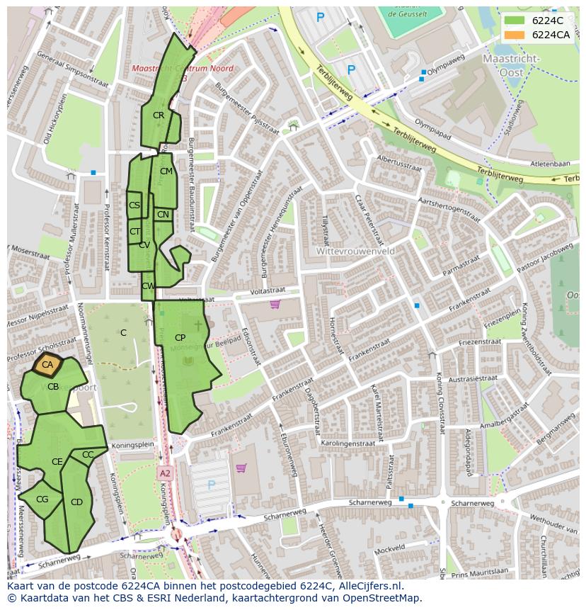Afbeelding van het postcodegebied 6224 CA op de kaart.