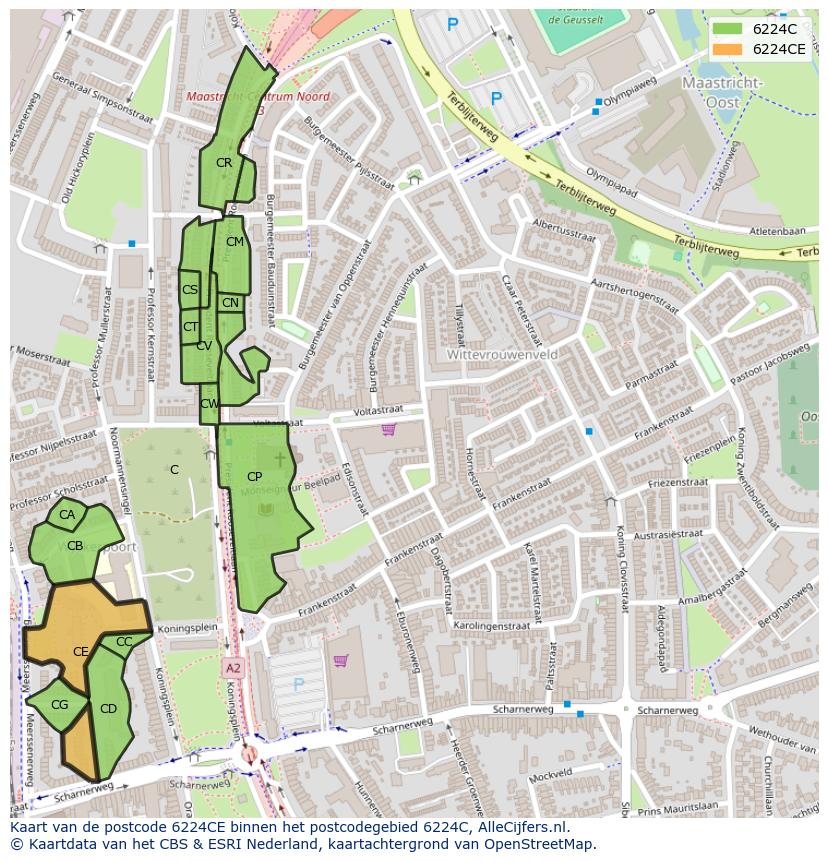 Afbeelding van het postcodegebied 6224 CE op de kaart.