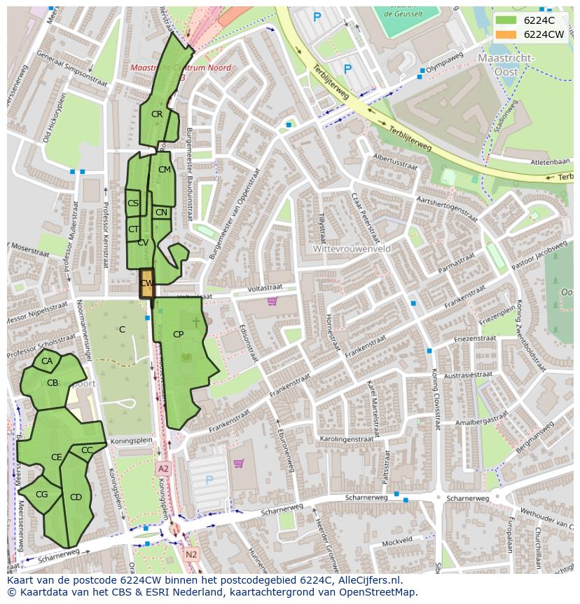 Afbeelding van het postcodegebied 6224 CW op de kaart.