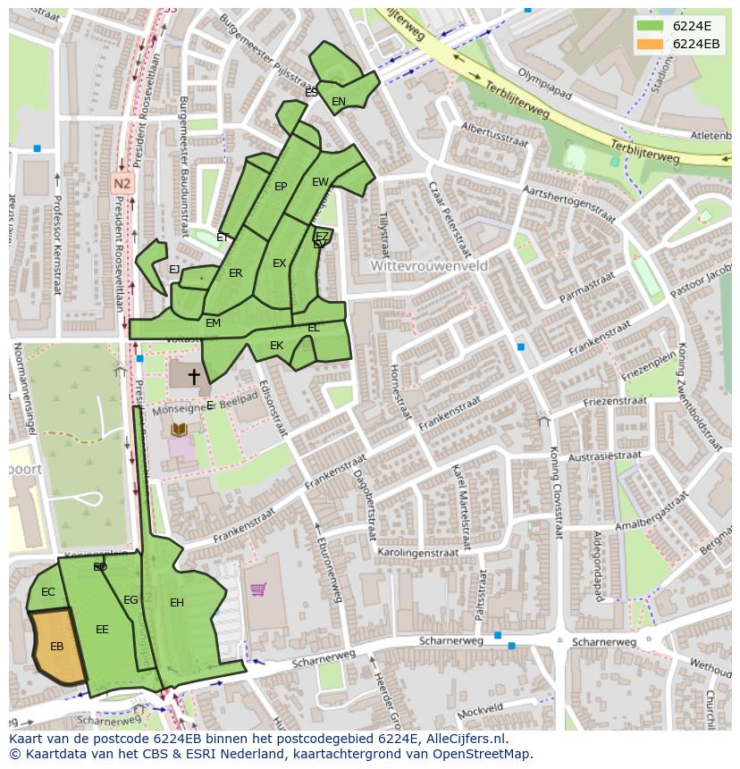 Afbeelding van het postcodegebied 6224 EB op de kaart.