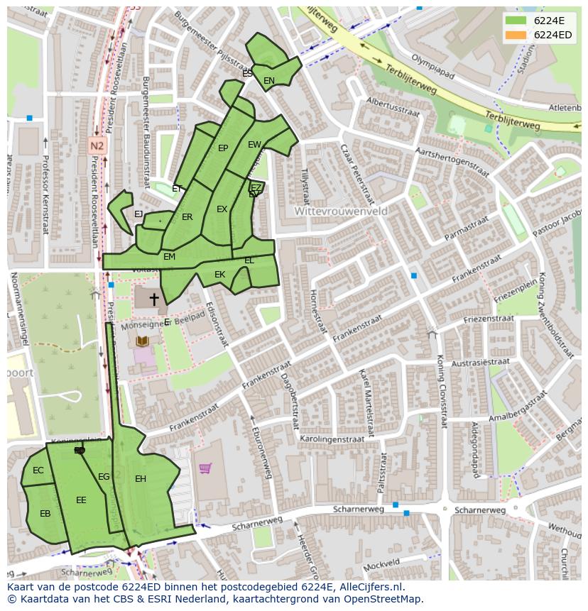 Afbeelding van het postcodegebied 6224 ED op de kaart.