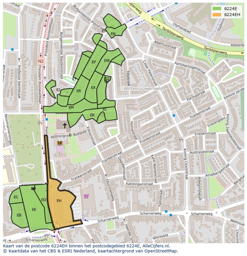 Afbeelding van het postcodegebied 6224 EH op de kaart.