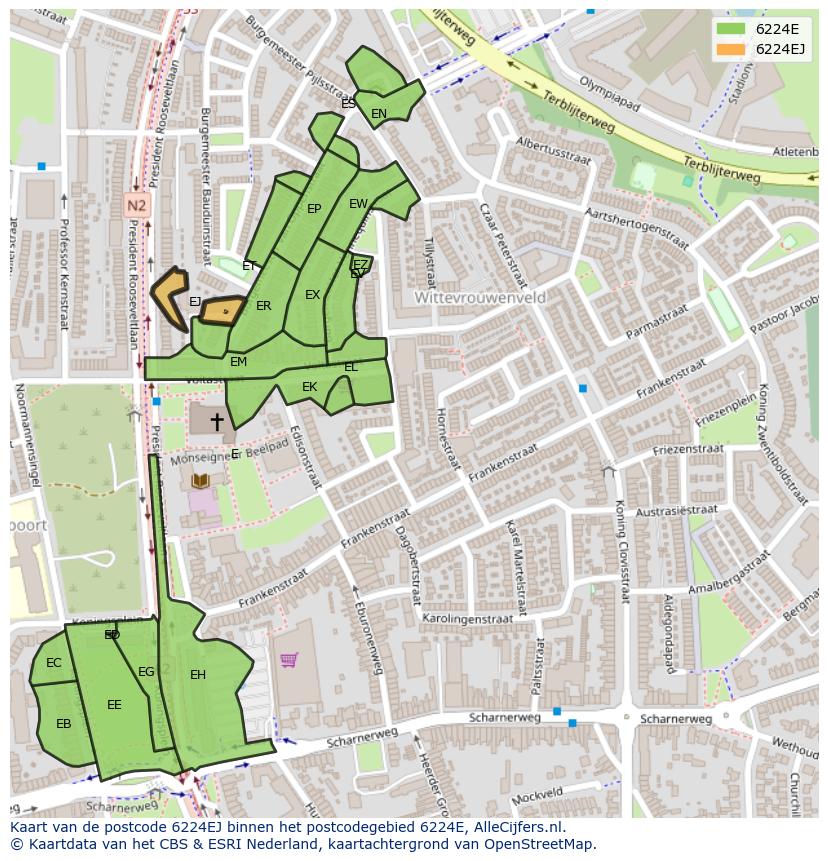 Afbeelding van het postcodegebied 6224 EJ op de kaart.