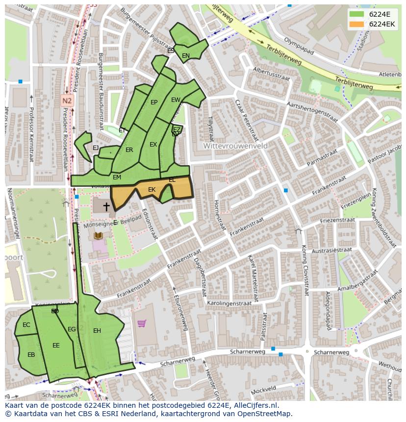 Afbeelding van het postcodegebied 6224 EK op de kaart.