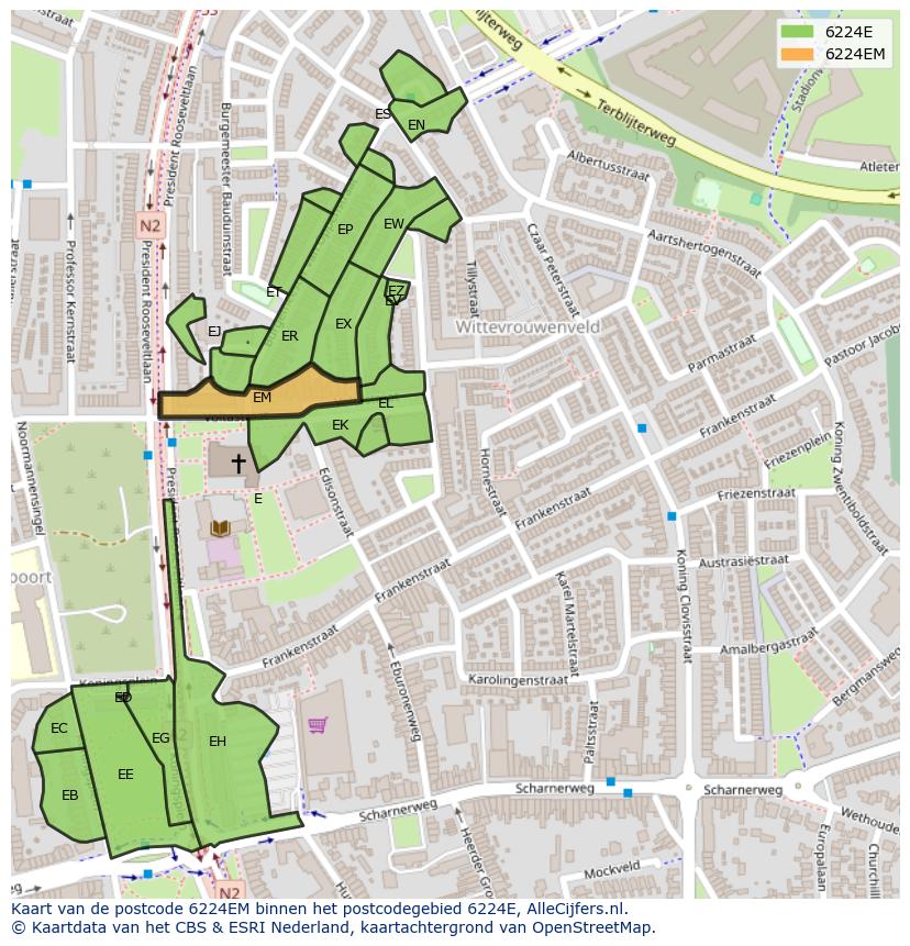 Afbeelding van het postcodegebied 6224 EM op de kaart.