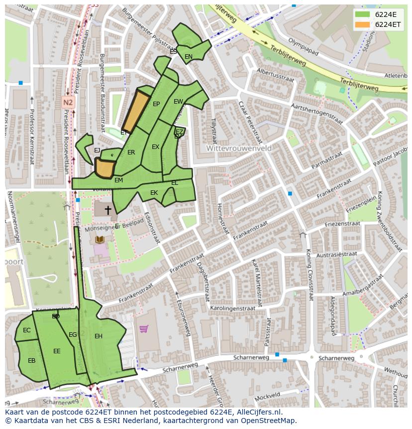 Afbeelding van het postcodegebied 6224 ET op de kaart.