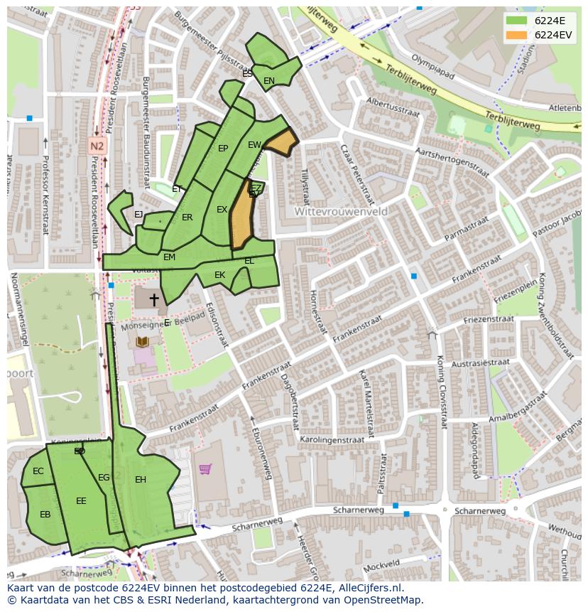 Afbeelding van het postcodegebied 6224 EV op de kaart.