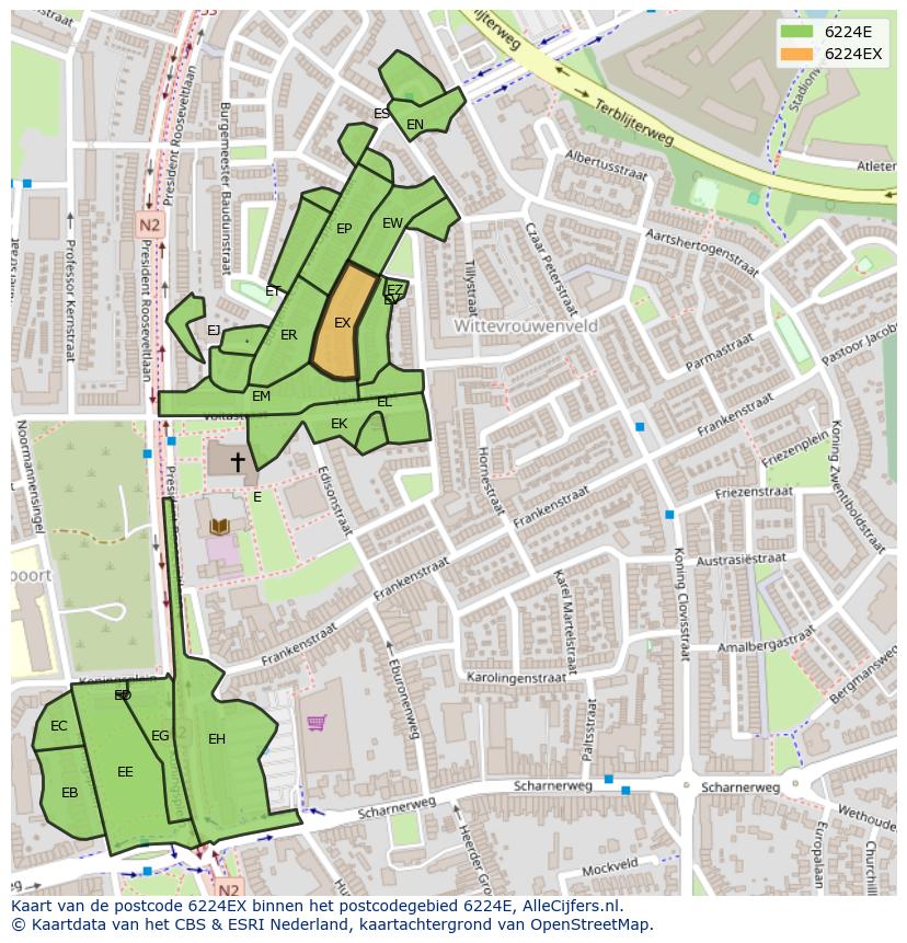Afbeelding van het postcodegebied 6224 EX op de kaart.