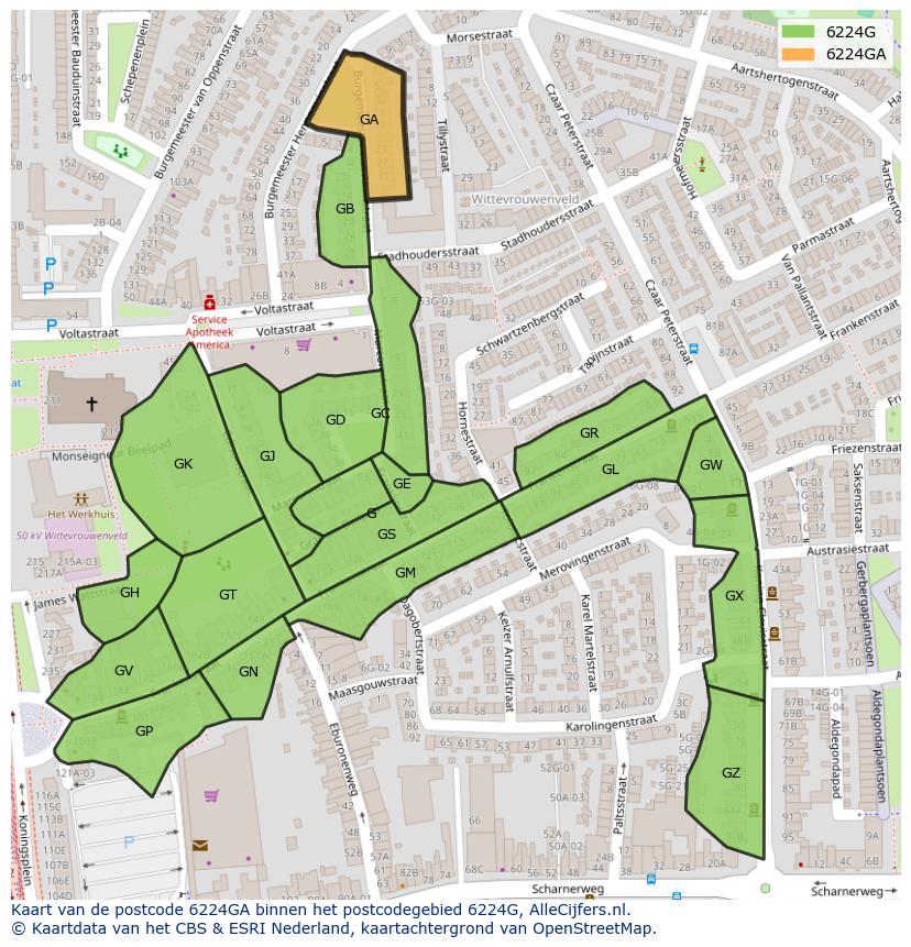 Afbeelding van het postcodegebied 6224 GA op de kaart.